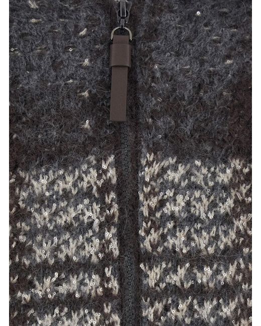 Brunello Cucinelli Gray Knit Bomber Jacket With Front Closure An