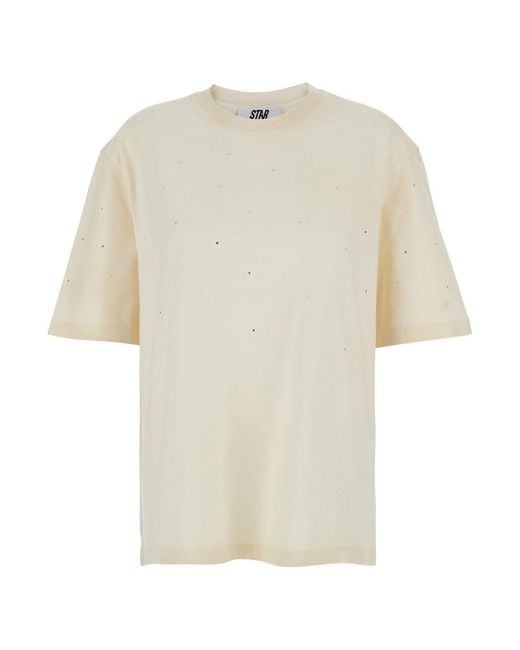 Golden Goose Deluxe Brand White T-Shirt Crew Neck With Back Print And Rhinestone Decoration