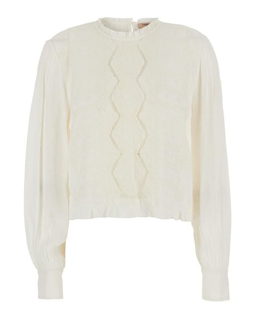 Twinset White Crew Neck Blouse With Embroidery On The Front