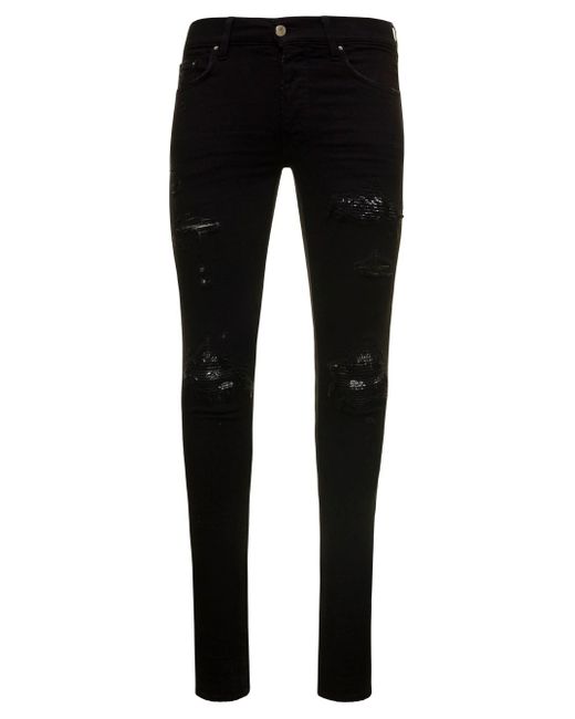 Amiri Skinny Jeans With Rips And Bandana Print Insert In Cotton Denim