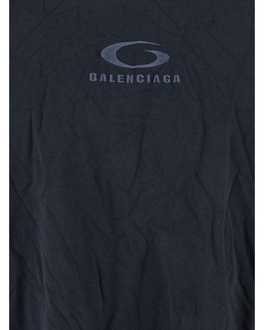 Balenciaga Blue Dark Crew Neck T-Shirt With Front Logo Print And Crinkled Design for men