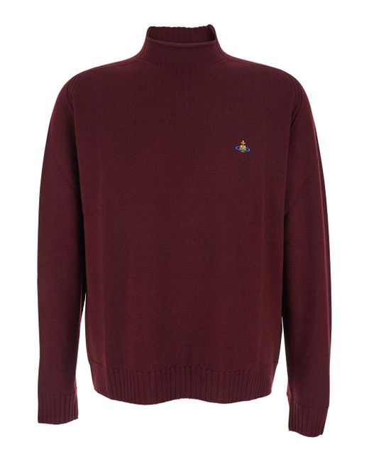 Vivienne Westwood Bordeaux Turtleneck Sweater With Orb Logo Embroidered On The Front for men