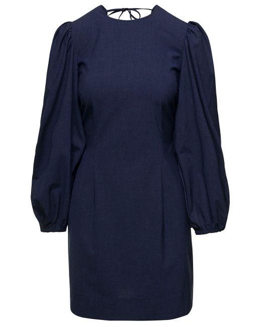 Ganni Mini Navy Blue Open-back Dress With Balloon Sleeves In Stretch Viscose Blend Woman