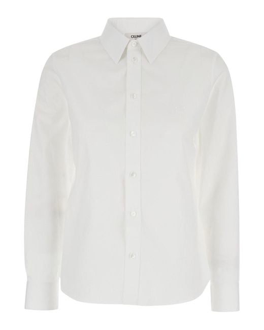 Céline White 'Romy' Shirt With Classic Collar And Triomphe Embroidery