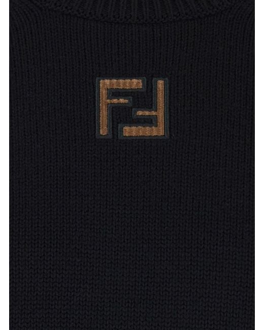 Fendi Blue Crewneck Sweater With Ff Embroidery On The Front for men
