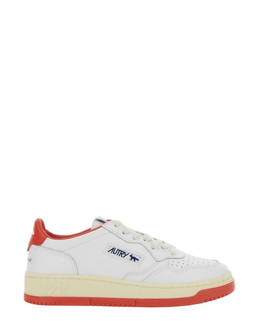 Autry Women's 'medalist Low X Maison Kitsuné' White And Red Sneaker With Side Logo And Logo Lettering On The Back In Leather Woman
