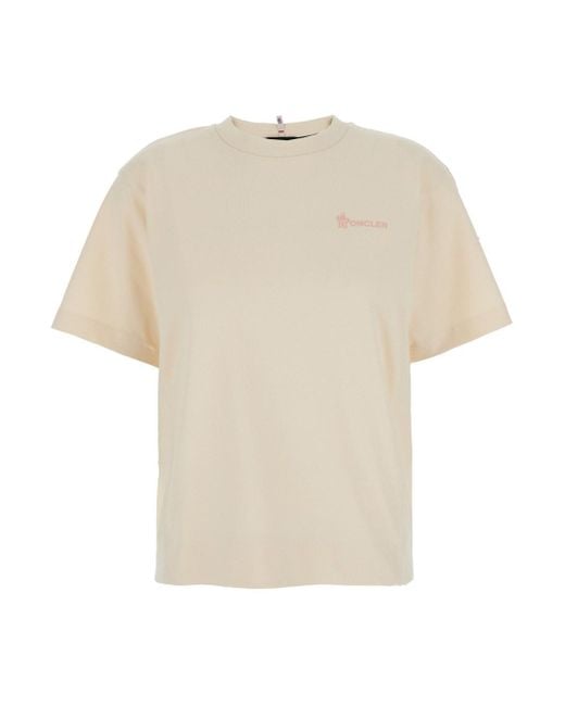 Moncler White T-Shirt With Logo Printed On The Front And Logo Patch On The Sleeve