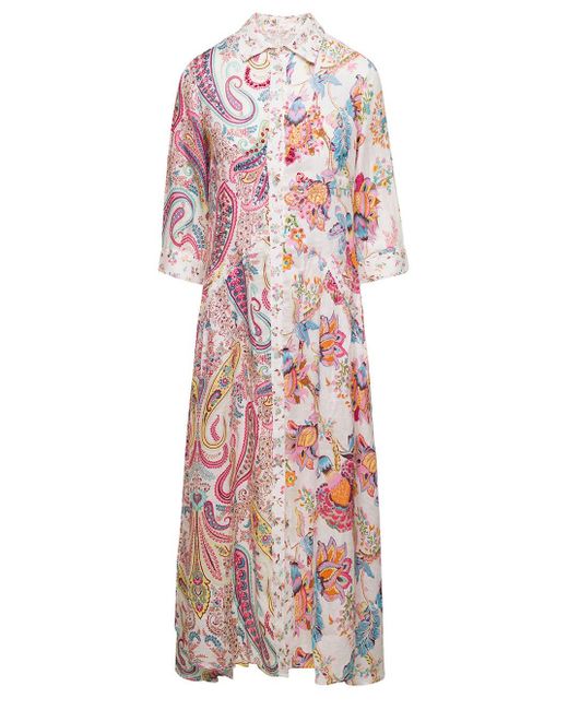 Anjuna White Long Shirt Dress With All-over Graphic Print In Linen Woman