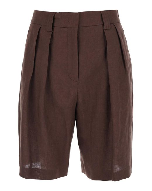 Le Plain Brown Linen Front Pleated Shorts For