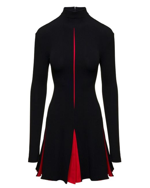 Ferragamo Black Mini High-neck Dress With Red Contrasting Details In Rayon Blend
