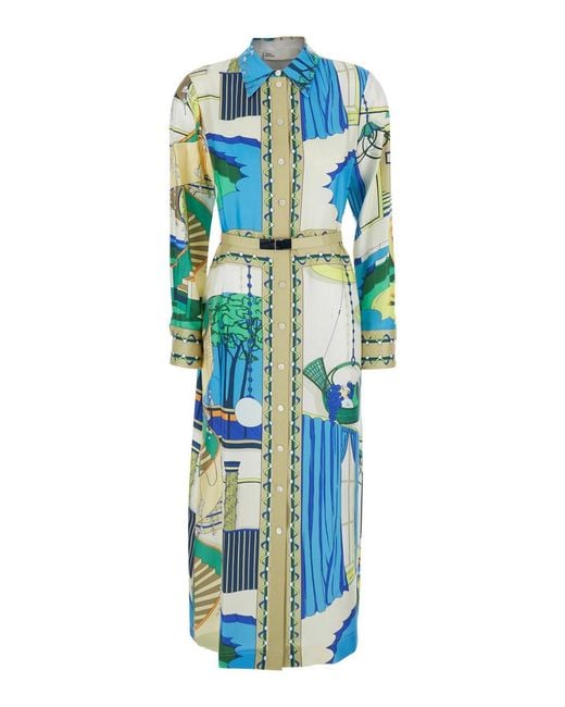 Tory Burch Blue Long Dress With Waist Belt And All-Over Print In