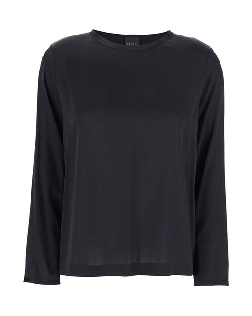 Le Plain Black Silk Long Sleeve Blouse For