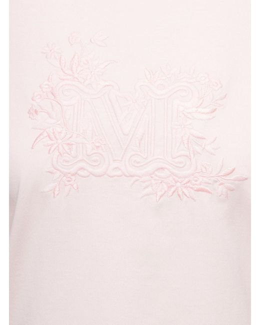 Max Mara Pink Crew Neck T-shirt With Embroidered Logo On The Chest In Cotton
