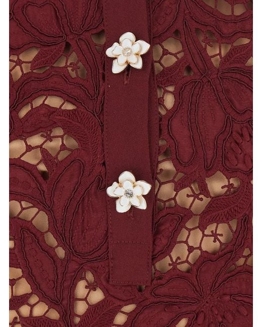 Self-Portrait Red Burgundy Mini Dress With Lace Details And Flower-Shaped