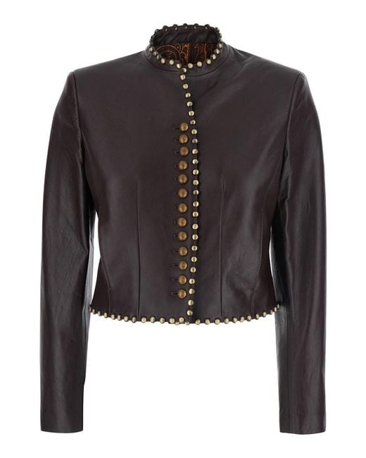 Etro Black Leather Jacket With Elegant Details And Soft Lining For