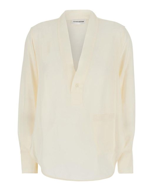 Victoria Beckham White Blouse With V-Neck And Long Sleeves