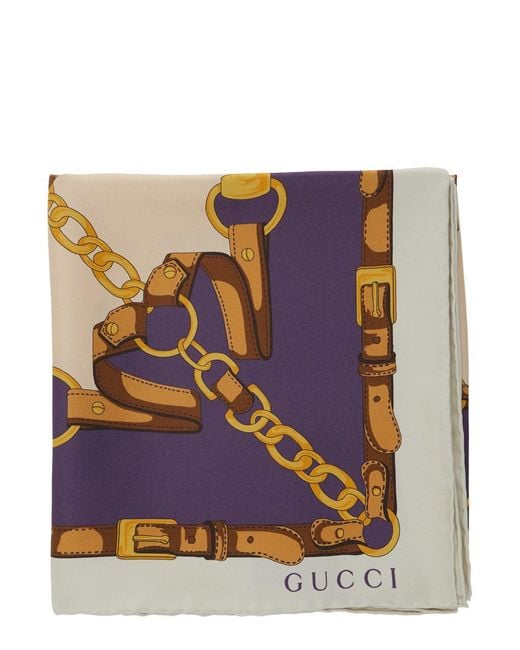 Gucci Blue Square Scarf With Chain Print And Logo Lettering