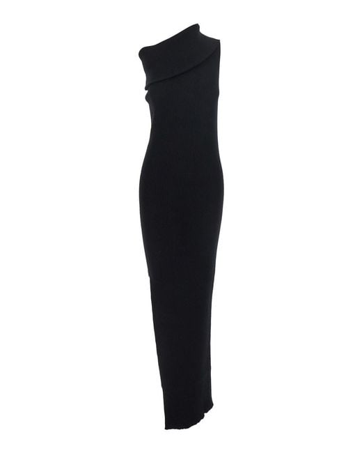 Rick Owens Black One-Shoulder Rib Knit Dress With Playful Side Vent
