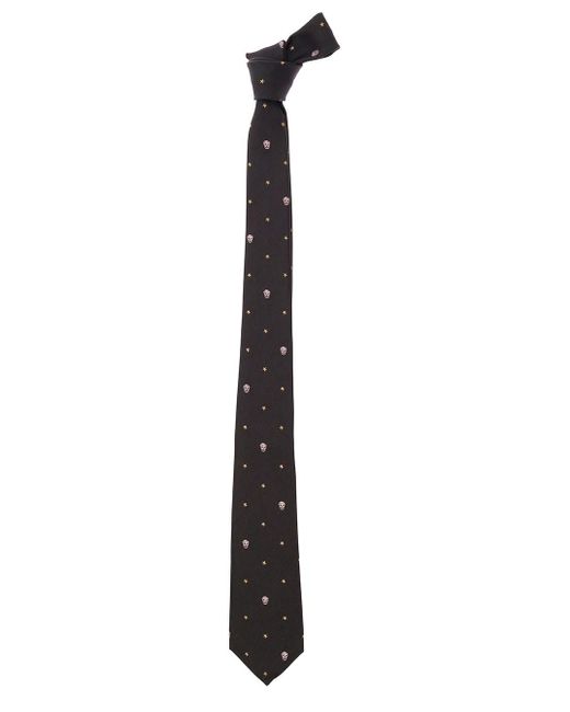 Cravatta pre-annodata con stelle e teschi in seta nera di Alexander McQueen in White da Uomo