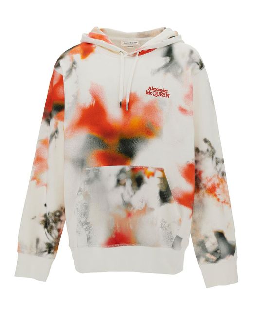 Alexander McQueen White Multicolor Hoodie With Multicolor Print In Cotton for men