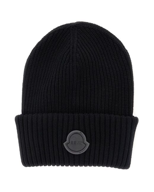 Moncler Genius Black Ribbed Beanie With Logo Patch On The Front