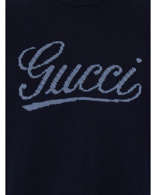 Gucci Blue Crewneck Sweater With Logo Embroidery On The Front for men