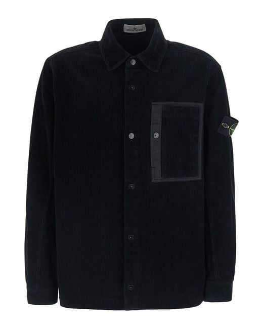 Stone Island Black Corduroy Shirt With Collar And Long Sleeves for men