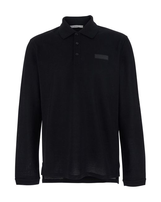 Givenchy Blue Polo Shirt With Logn Sleeves And Chest Logo Patch for men