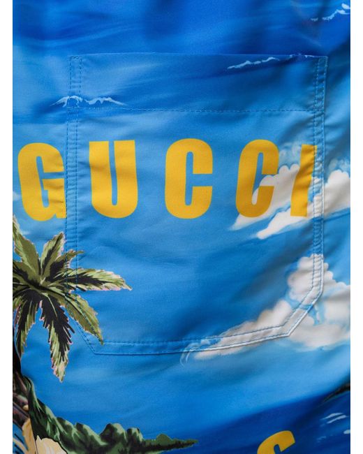 Costume da bagno con stampa grafica e logo all-over azzurro in nylon di Gucci in Blue da Uomo