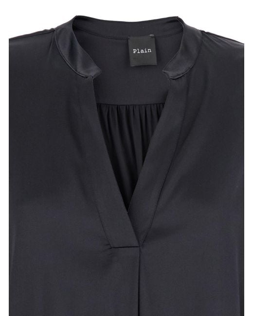 Le Plain Black Blouse With V Neck And Buttoned Cuffs