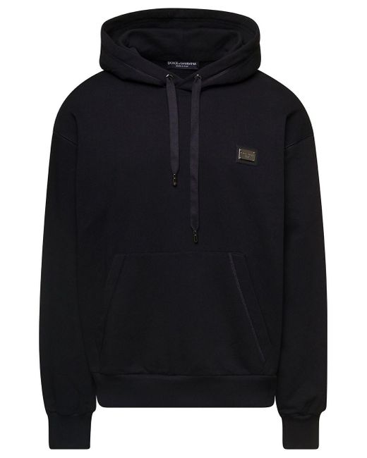 Felpa con cappuccio e targa con logo nera in cotone di Dolce & Gabbana in Black da Uomo