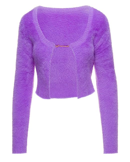 Jacquemus 'la Maille Neve Manches Long' Purple Fluffy Cardigan With Charm Logo Woman