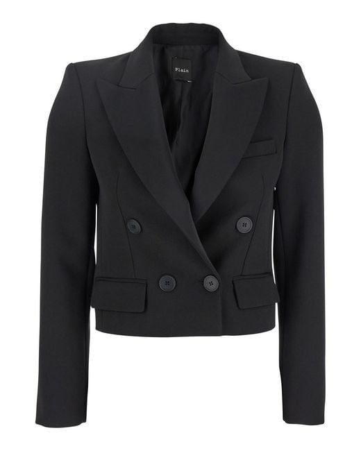 Le Plain Black Double-Breasted Cropped Jacket With Peak Lapels