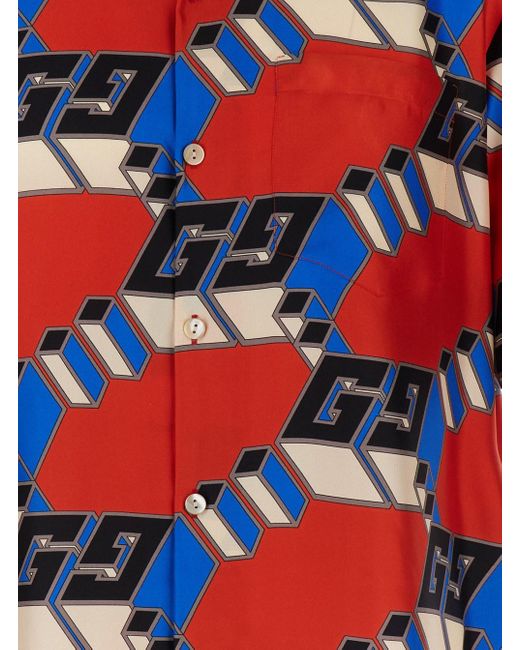 Gucci Red Bowling Shirt With 3D Gg Cube for men