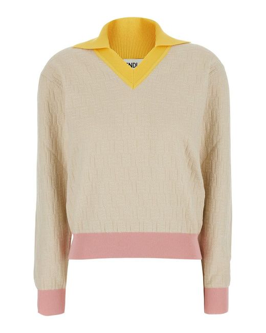 Fendi Natural Long-Sleeved Sweater With V-Neck And All-Over Ff Motif