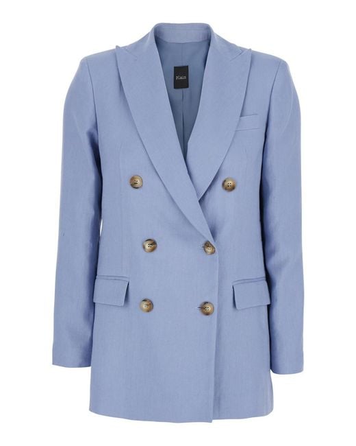 Le Plain Blue Double-Breasted Jacket With Notched Revers