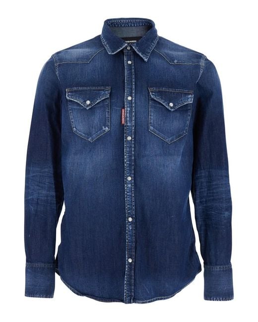 DSquared² Blue Long-Sleeved Shirt With Classic Collar And Two Front Pockets for men