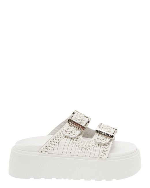 Casadei White 'Birky Ale' Slippers With Cornely Embroidery And Xl Buckles