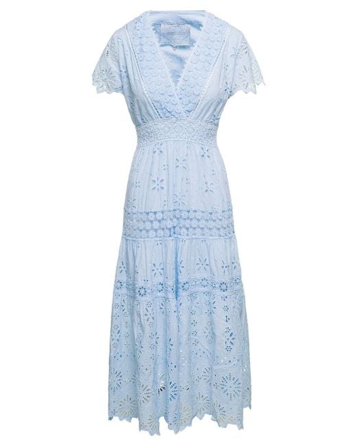 Temptation Positano Embroidered V-neck Maxi Dress In Light-blue Cotton
