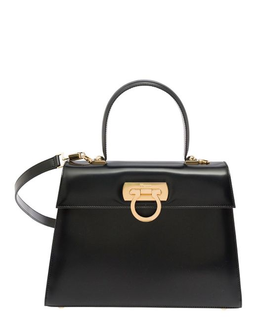 Ferragamo Black 'Iconic Top Handle L' Handbag With Gancini Buckle