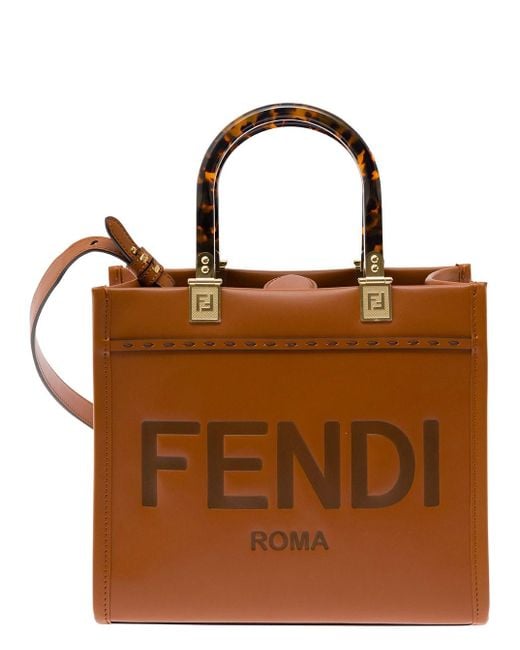 Fendi Brown 'Sunshine Small' Tote Bag With Embossed Logo And Tortoiseshell Handles