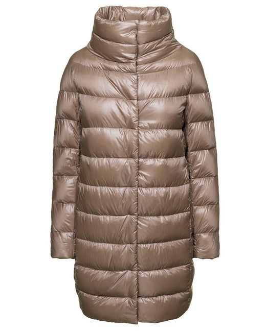Herno Natural 'dora' Long Down Jacket With Funnel Neck In Nylon