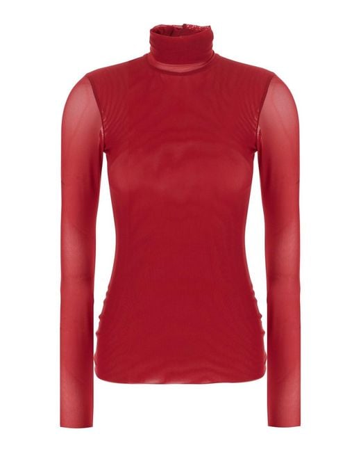 Le Plain Red High Neck Top With Long Sleeves