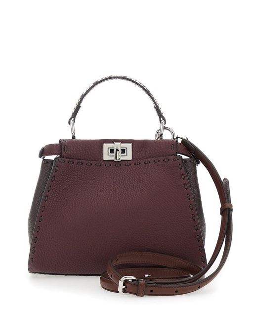Fendi Purple 'Peekaboo' Bordeaux Handbag With Snakeskin Handle And Turn-Lock Closure On Both Sides