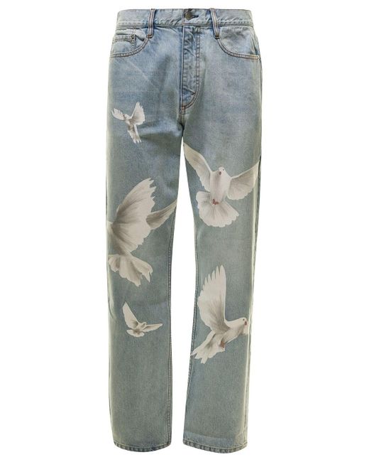 3.PARADIS Blue Light E Denim Jeans With Dove Print In Cotton for men