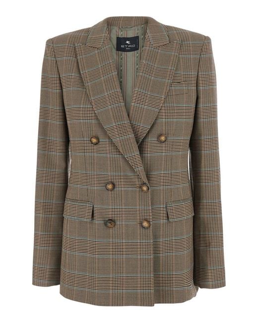 Etro Green Double-Breasted Jacket With Peak Lapels And Check Motif In