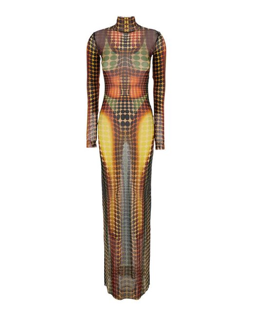 Jean Paul Gaultier Metallic Long Dress With High Neck And All-Over Print