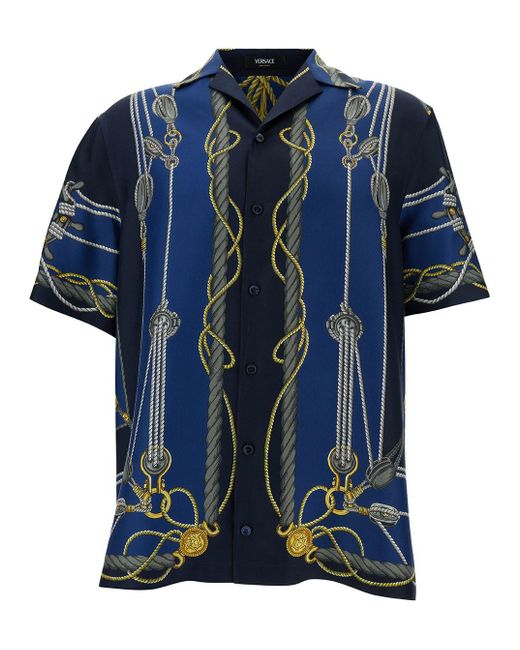 Versace Blue 'Nautical' Bowling Shirt With Barocco Print for men