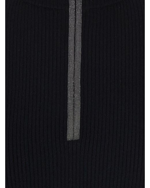 Brunello Cucinelli Black Turtleneck Sweater With Front Zip Closure And Monil Detail