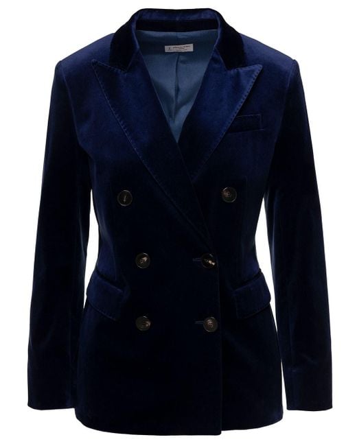 Alberto Biani Blue E Double-breasted Jacket With Peaked Revers In Stretch Cotton Velvet